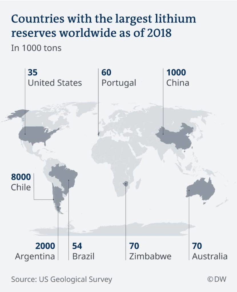 Map showing countries with largest lithium reserves in the world