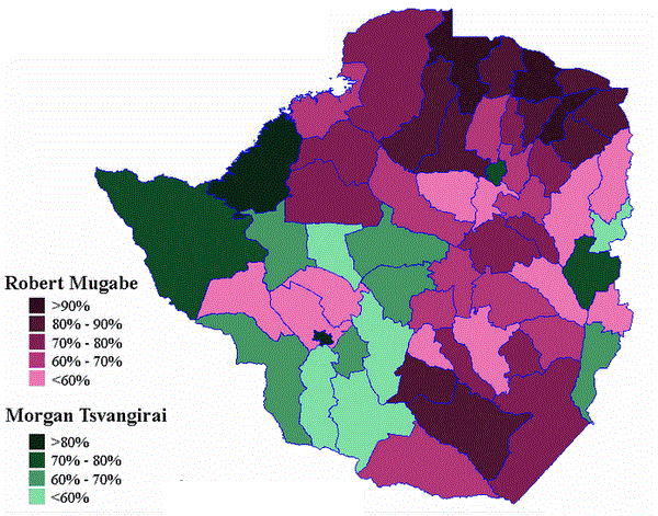 Presidential Election Map 2002 shows Mugabe led Tsvangirai in most election districts except for the urban centres and Matebeleland